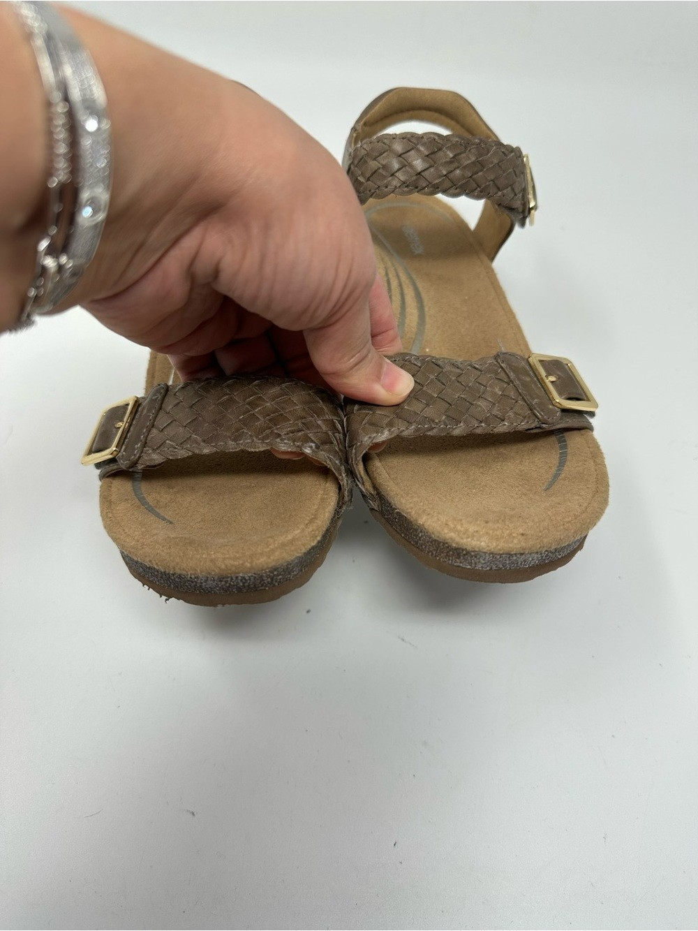 Aetrex Women’s Grace Adjustable Woven Wedge Taupe Sz 7.5-8