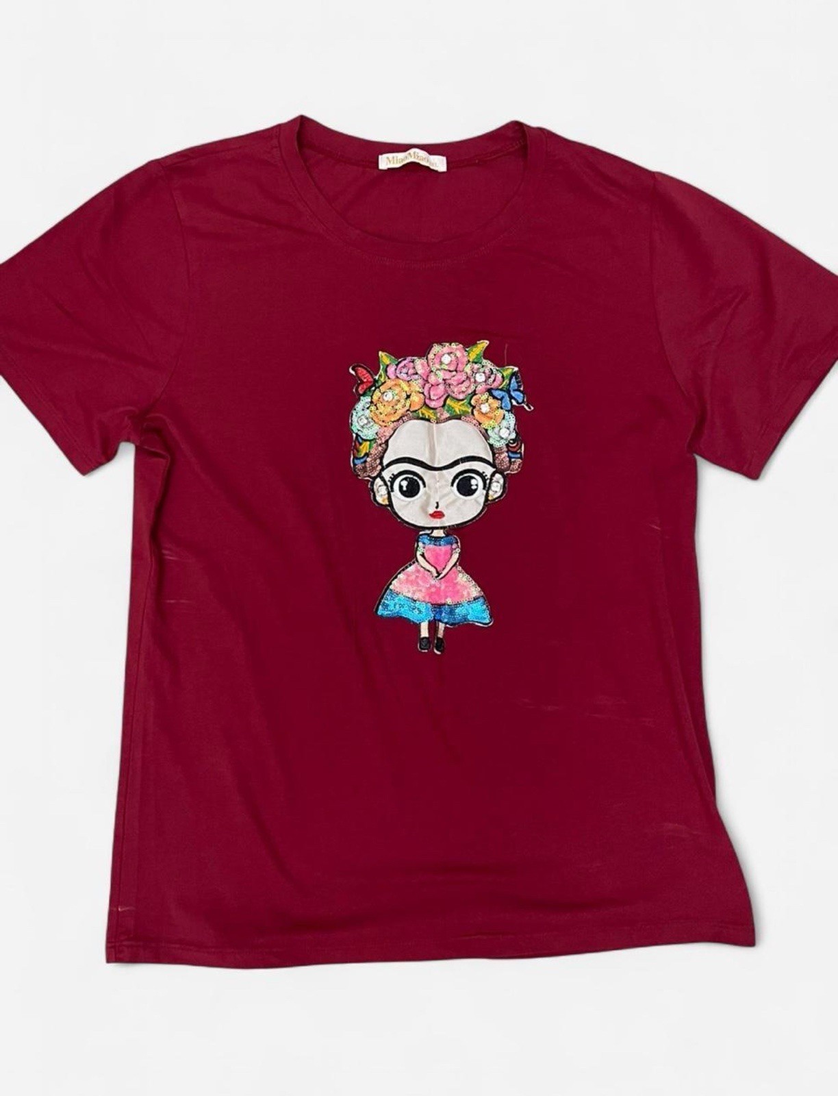 Miao Miao Frida Kahlo Inspired Sequin Burgundy Graphic Tee Women’s Size M