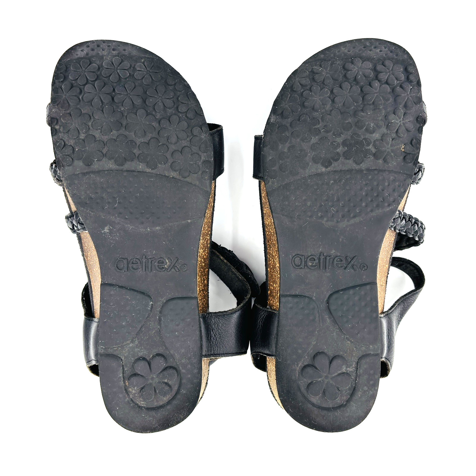 Womens 8 Aetrex Jillian Black Leather Wedge Sandals Braided Slingback SC450W