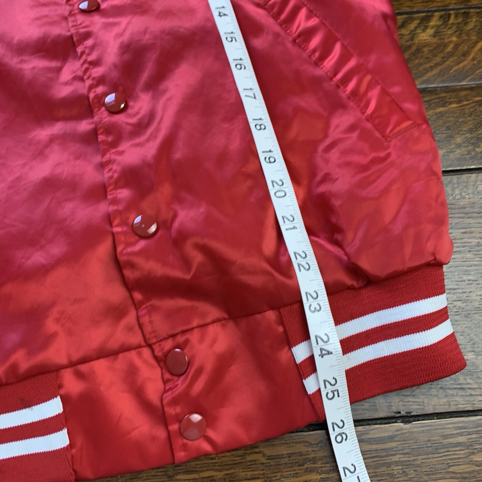 Vintage Satin Bomber Jacket Size Small Red USA Company Truck Logo American Retro