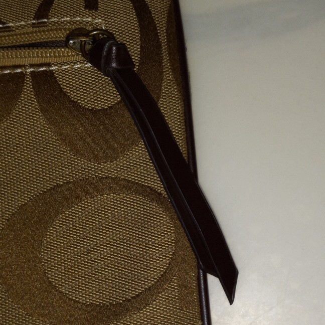 Brown Tan Logo Print Crossbody Bag Zip Closure Adjustable Strap Outer Pockets