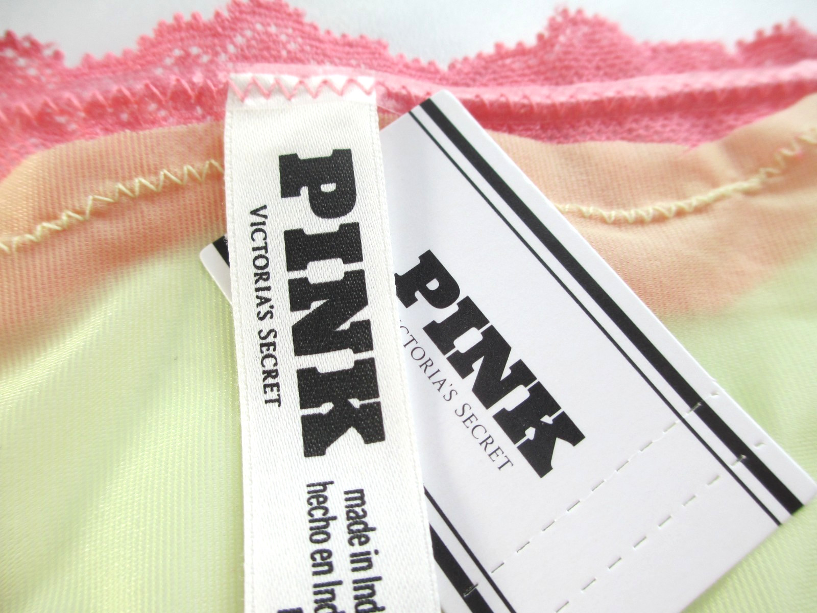 VICTORIA’S SECRET PINK V-String Thong Panty S M L XL Yellow Mesh Pink Lace Trim