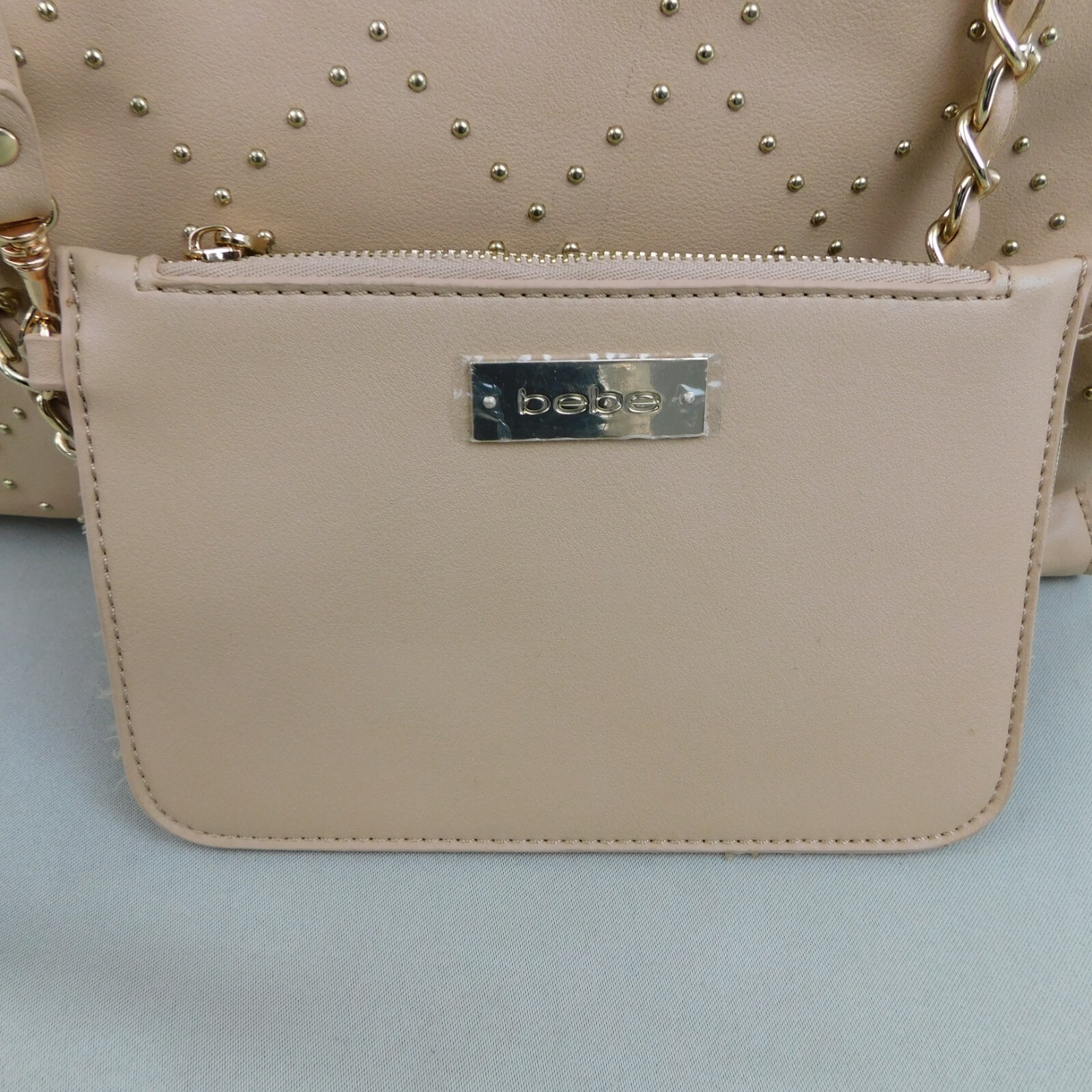 Bebe Double Handle Studded Shopper Bag & Removable Zipper Pouch Wallet Sesame