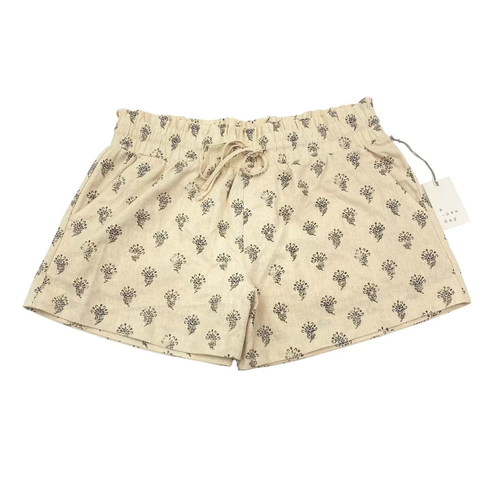 A New Day Womens High-Rise Linen Pull-On Paperbag Shorts Beige Floral L, XL, XXL