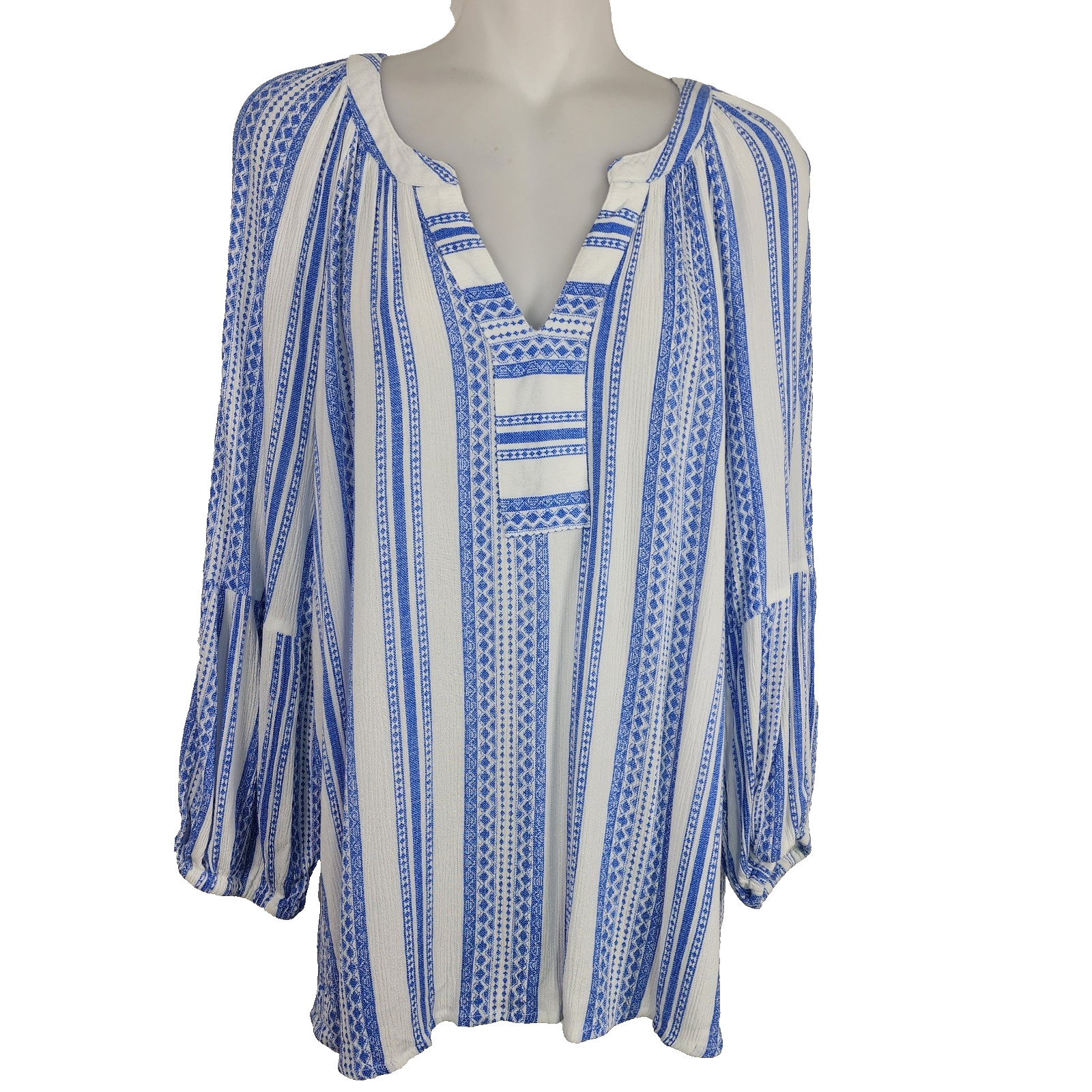 Brina & Em Womens Colter Split Neck Top Blue White Striped 3/4 Sleeve Boho XL