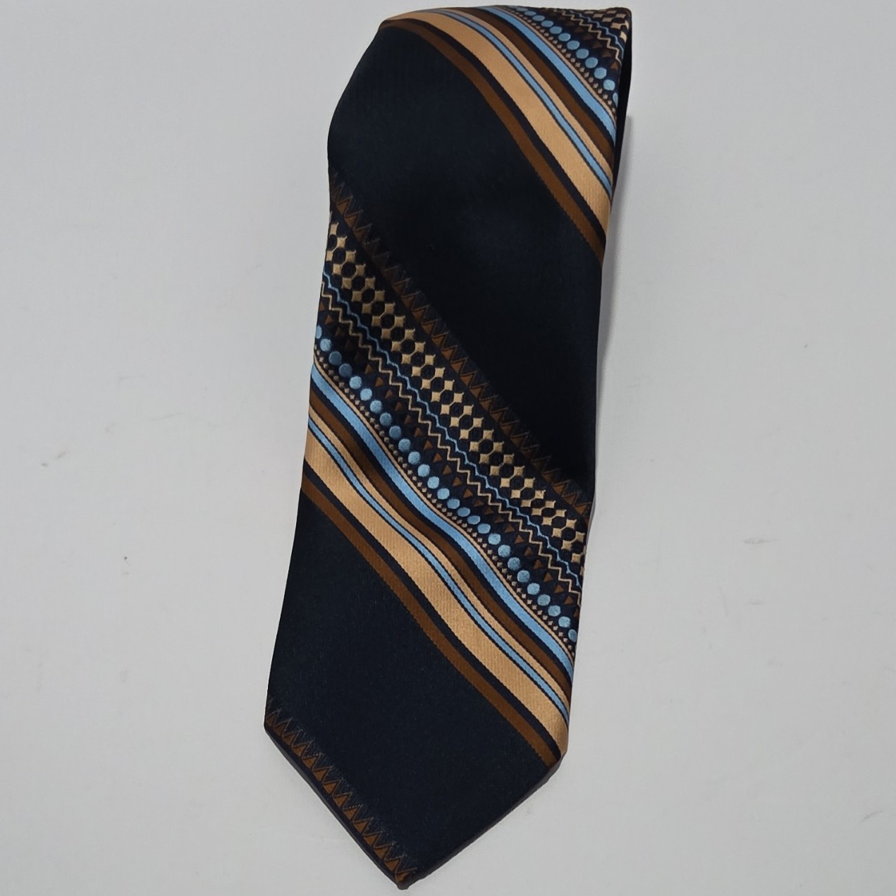 Vintage Velducci Black Brown Blue Tan Striped 100% Polyester Men’s Woven Tie