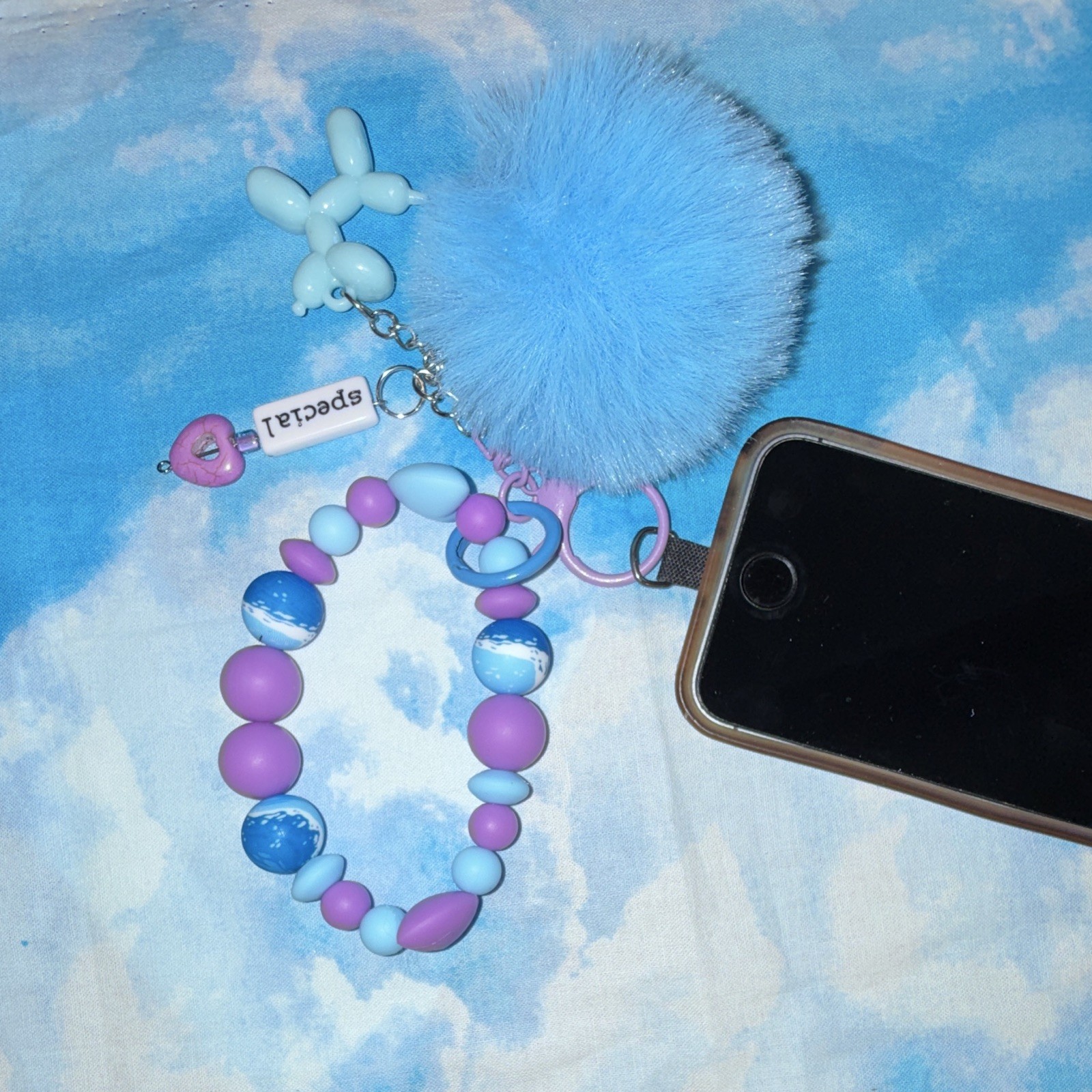 Blue & Purple Beaded Wristlet Key Chain/Bag Charm w/Pom Pom Heart