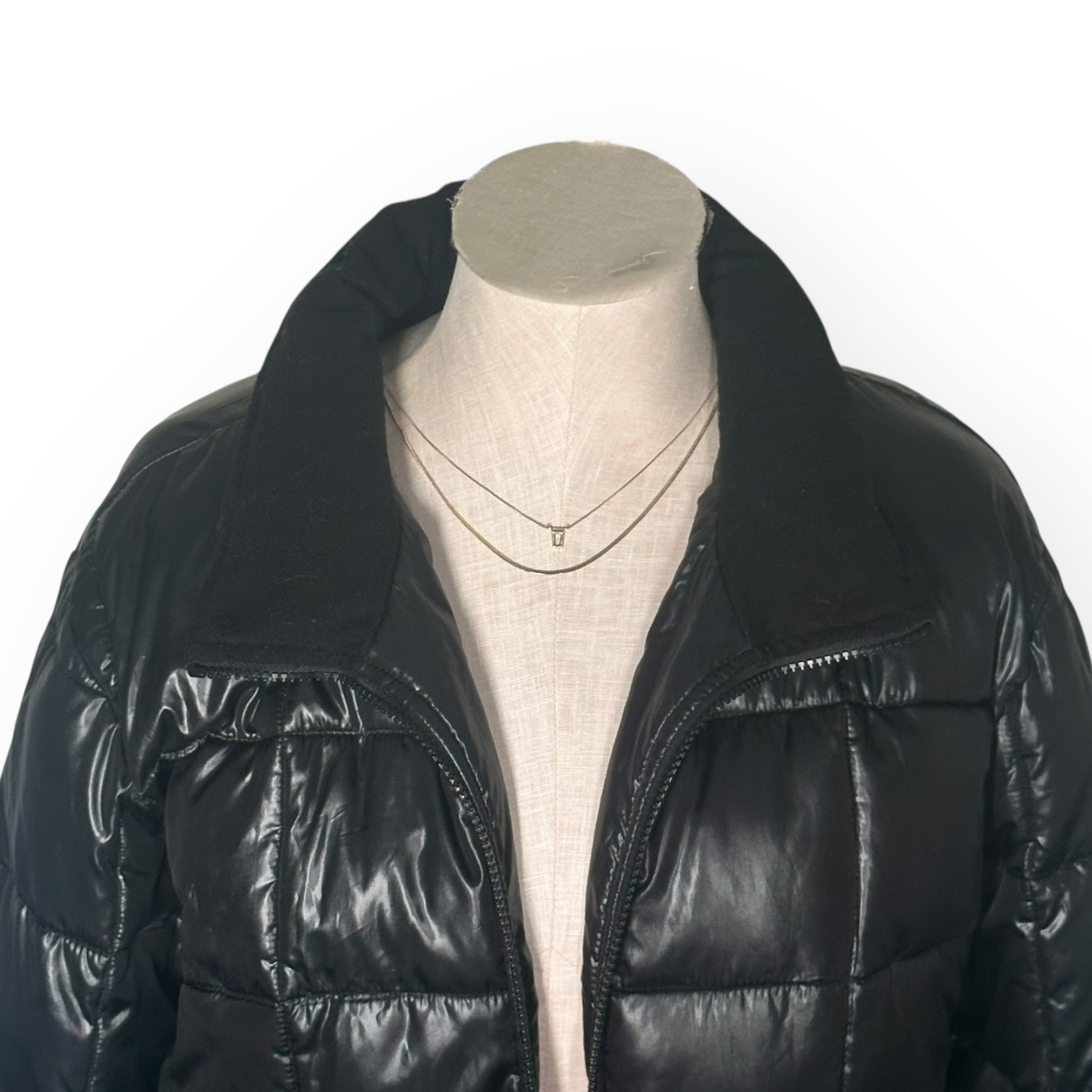 ’94 Vintage OLD NAVY Quilted Puffer Jacket Gloss Removable Hood Coat Black XL