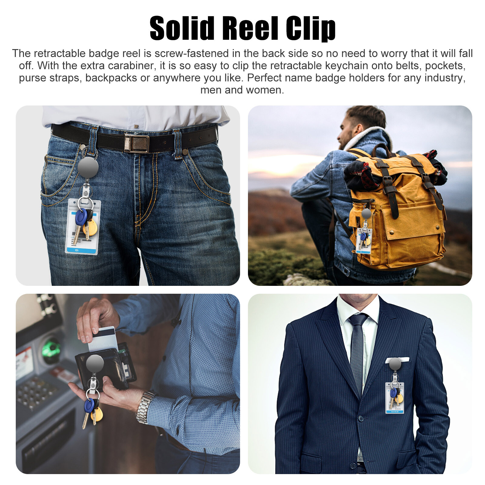 2 Pack Heavy Duty Retractable Badge Reel ID Card Holder With Belt Clip Key Ring