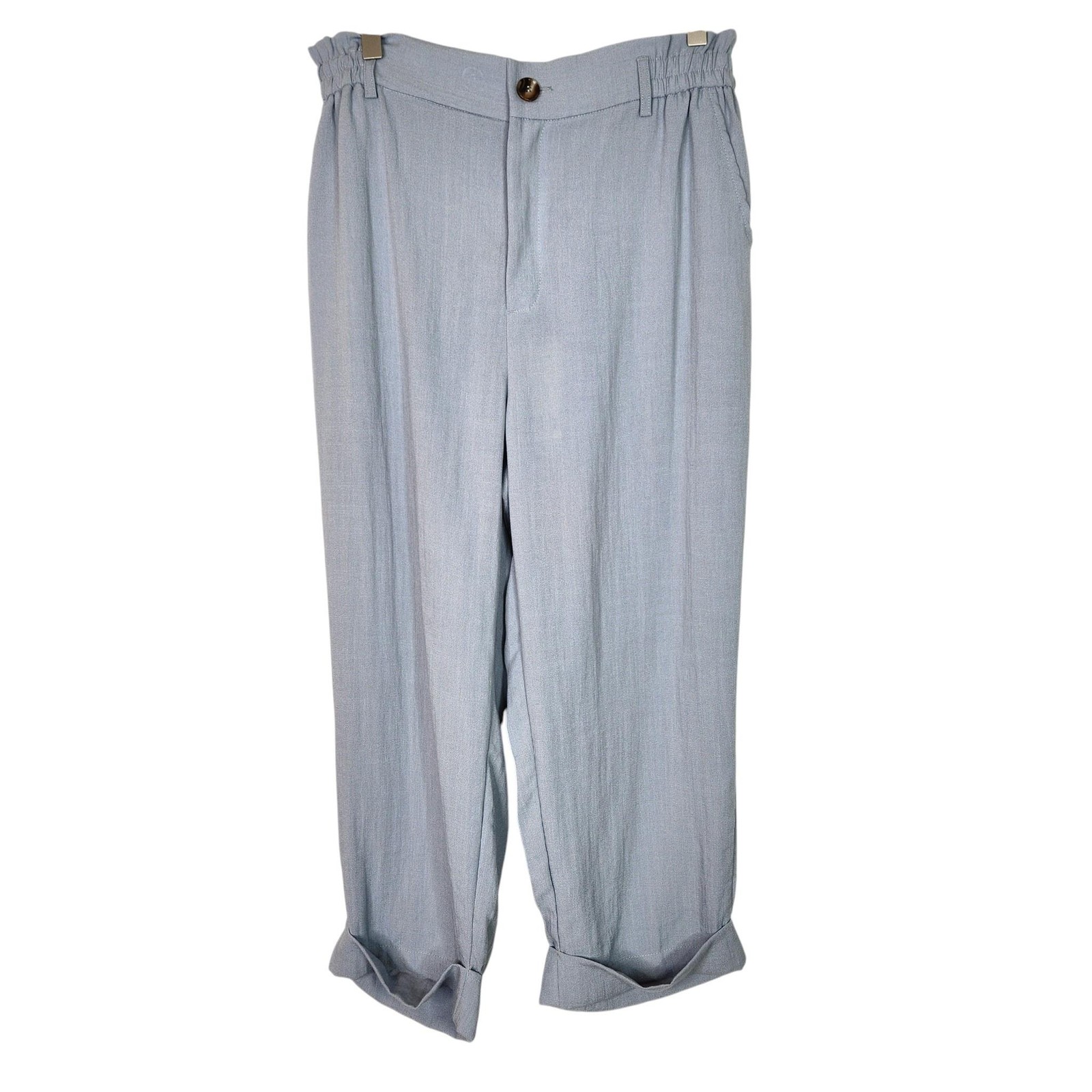 HALARA Cropped Linen-Feel Pants Womens Medium Blue Straight Leg Light Pull On