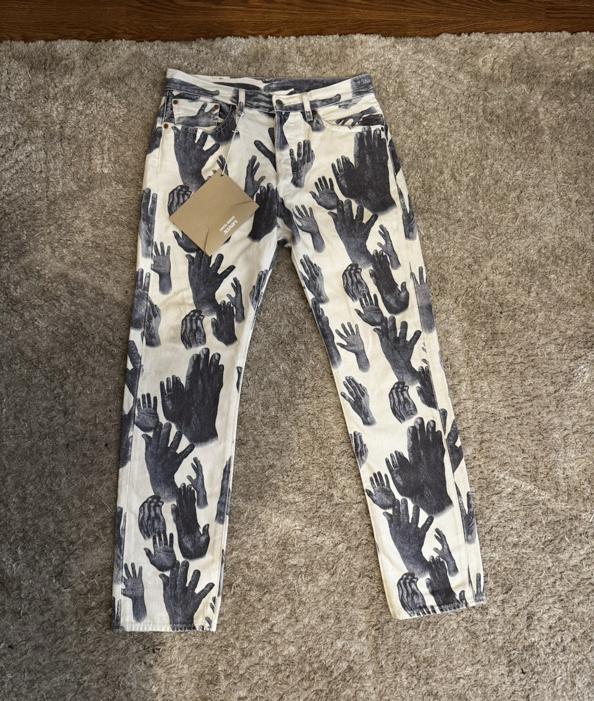 DENIM TEARS Levi’s 501 DT Men’s Straight Graphic Hands Jeans White Black Cotton