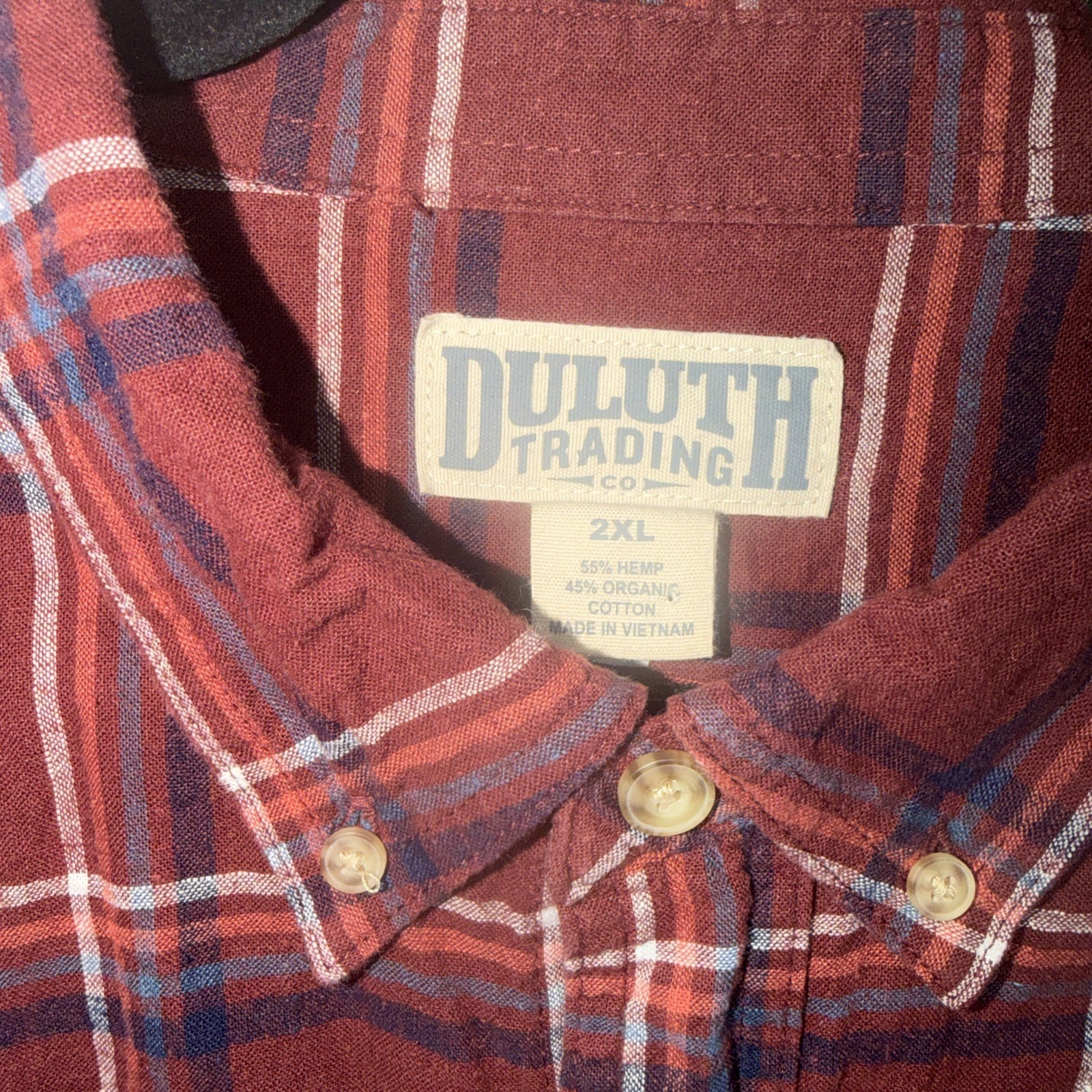 Duluth Trading Co Shirt Hemp Blend 2XL Maroon Plaid Button Down Casual Workwear