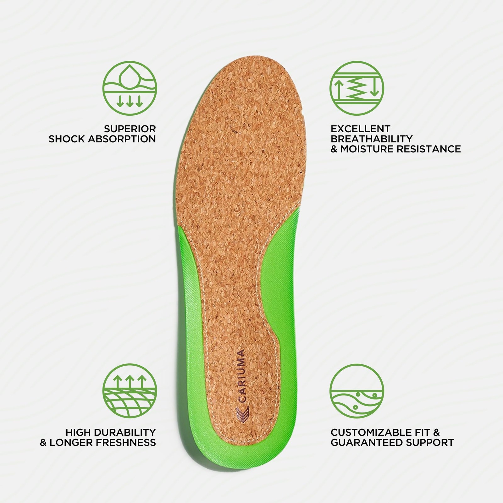 Bio-Foam Removable Insoles with Cork Green Shoe Insert, No Slip, Washable Mem…