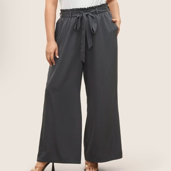 BloomChic Women’s Plus Sz 30 Plain Paperbag Waist Belted Wide Leg Pants Dim Gray