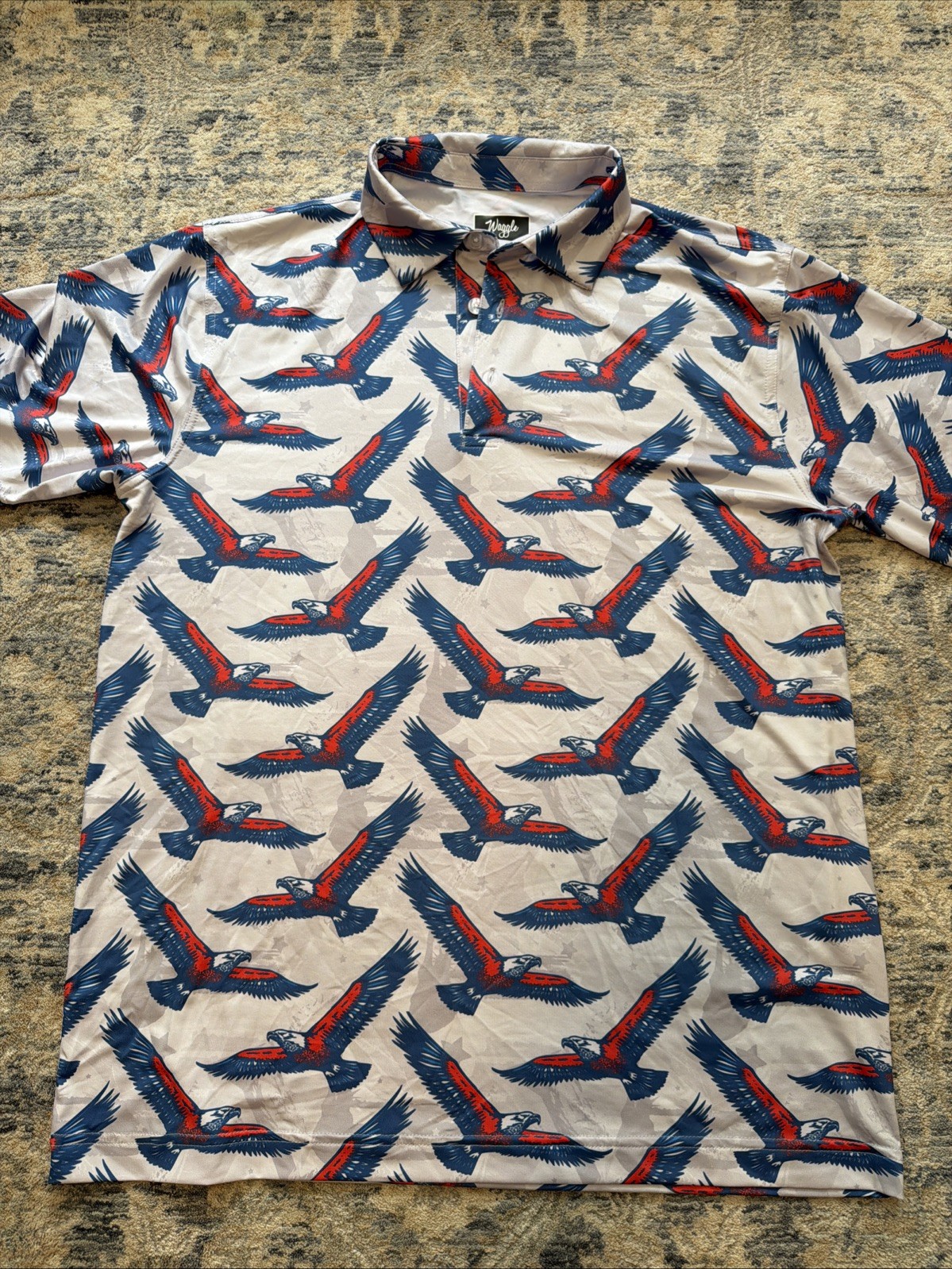 Waggle Polo Shirt Mens L White Blue Red Eagle Print Golf Performance Stretch