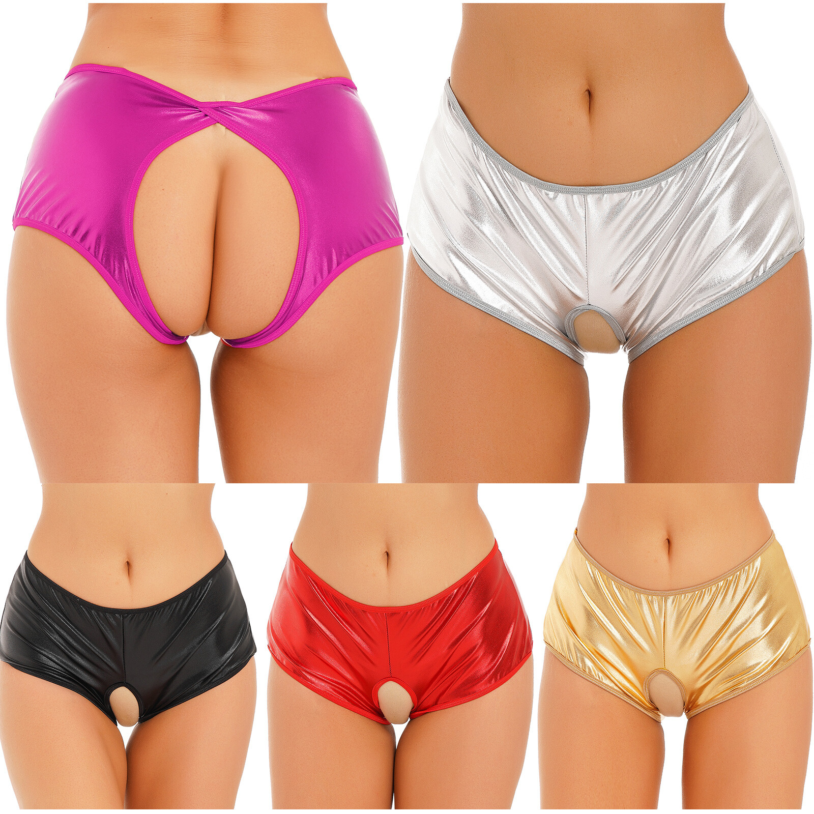 Womens Underwear Wet-look Shiny Crotch-less Low Rise Brief Panties Hot Pants