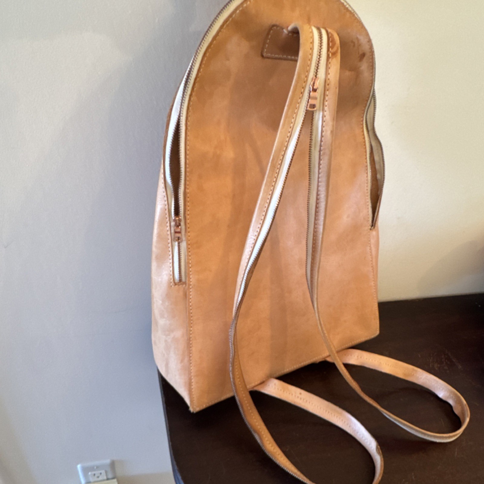 YIELD Tan Leather Backpack Zipper Accent Shoulder Strap Medium Solid