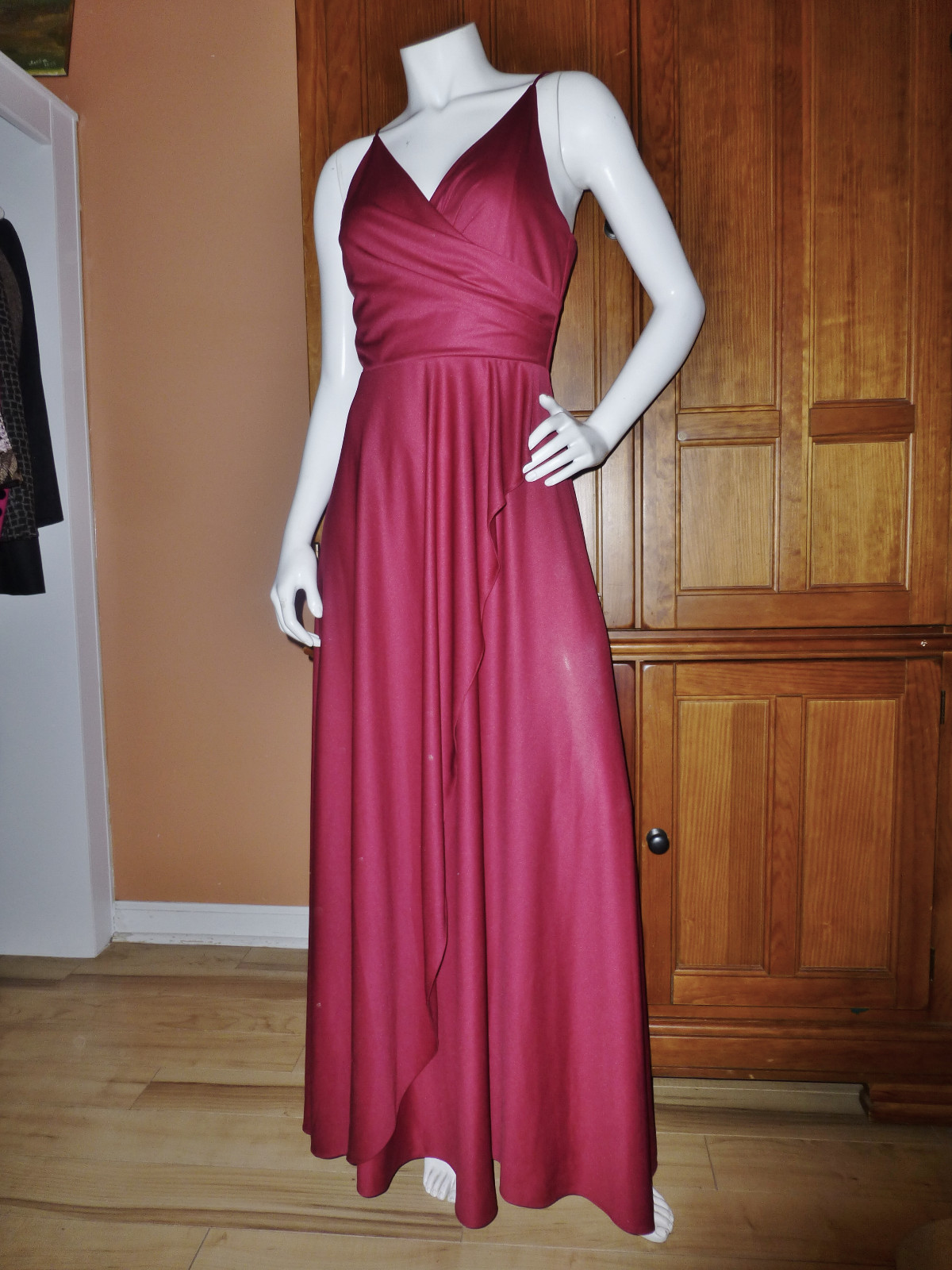 Vtg 70s Goddess Burgundy Silky Jersey Cascading Drape Evening Maxi DRESS Gown SM
