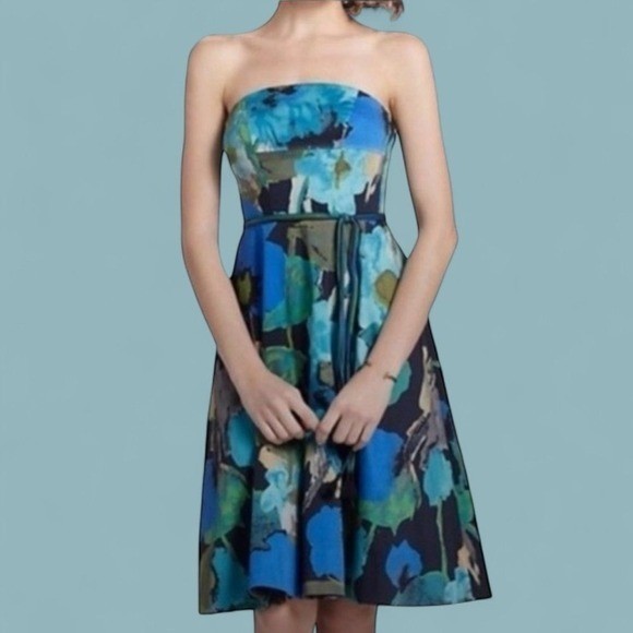 Blue Green Floral Strapless Fit and Flare Dress with Tassel Belt Knee Length