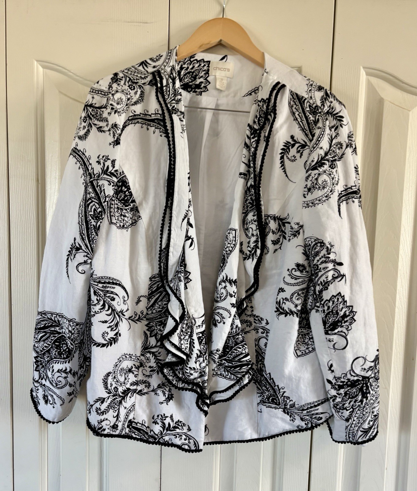 Chico’s 3 Linen Blend Paisley Blazer Black & White Open Cardigan Ruffled