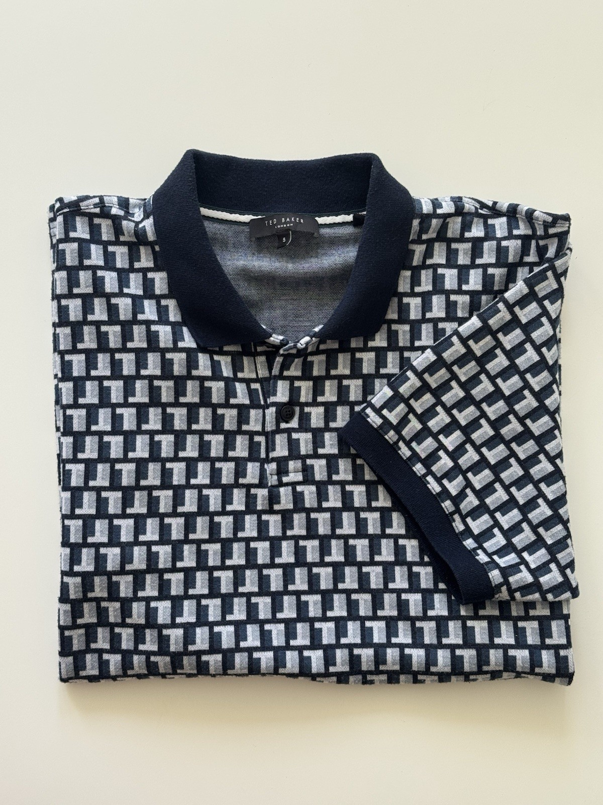Ted Baker London Polo Shirt Mens Size 5 US XL Blue Geometric Pattern