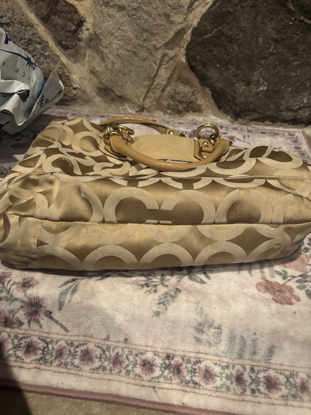 Coach Signature C Beige Medium Satchel/Top Handle Bag, Gold Hardware, Zip