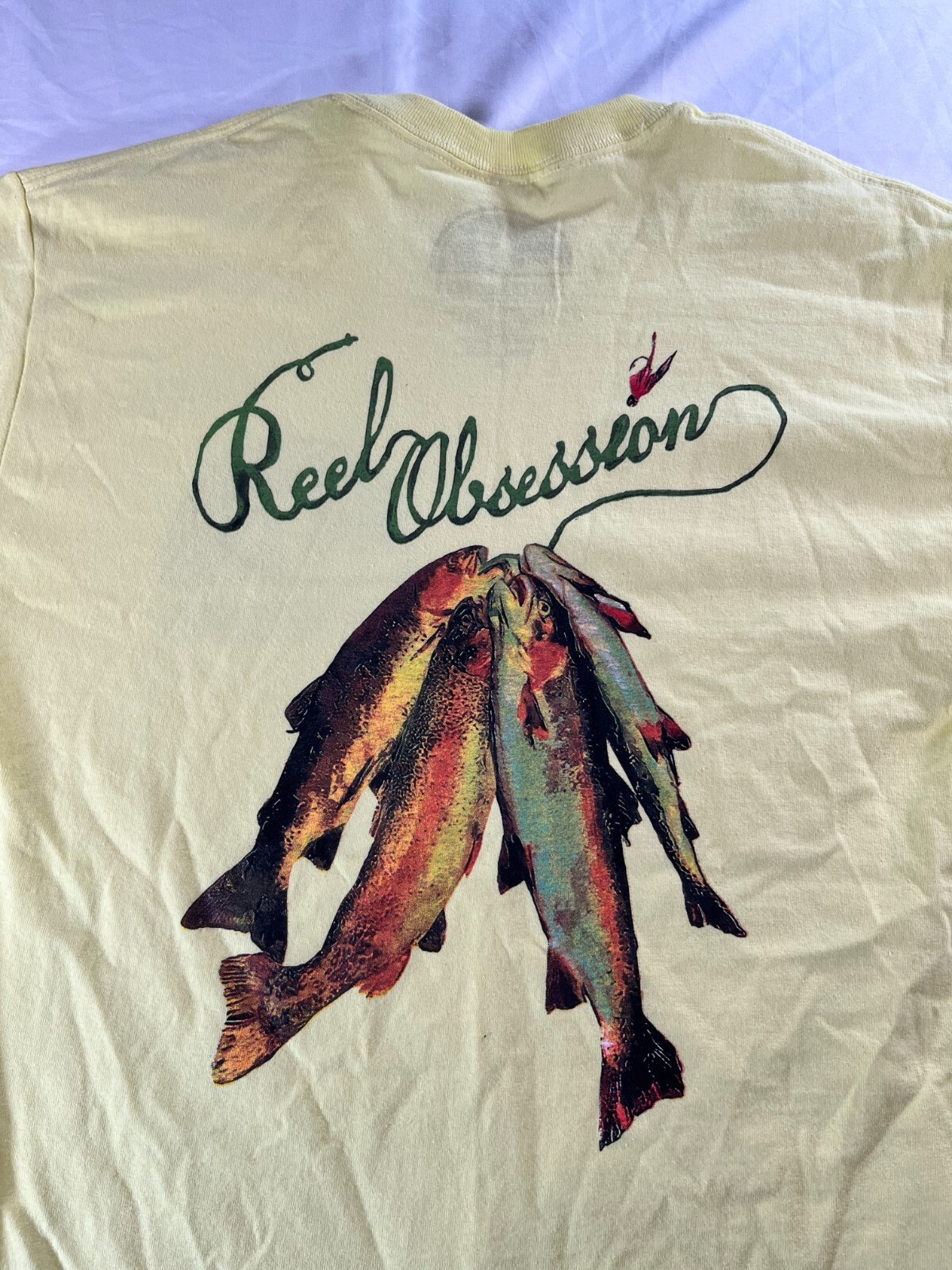 Fishing Shirt Mens Sz Medium Reel Obsession Short Sleeve T Shirt Yellow Trout