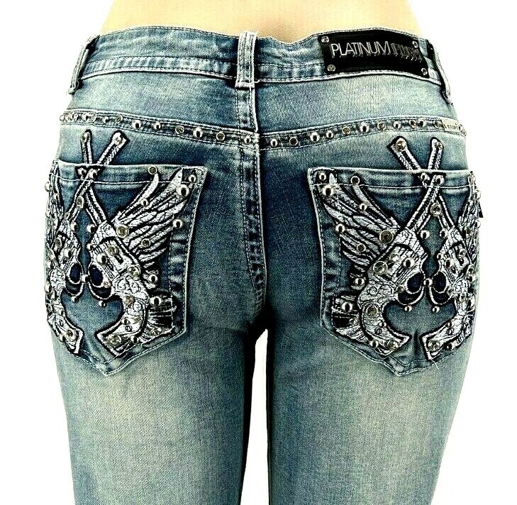 Platinum Plush Ladies Rhinestone Blue Denim Cross Pistols Jeans #4045 Size 5