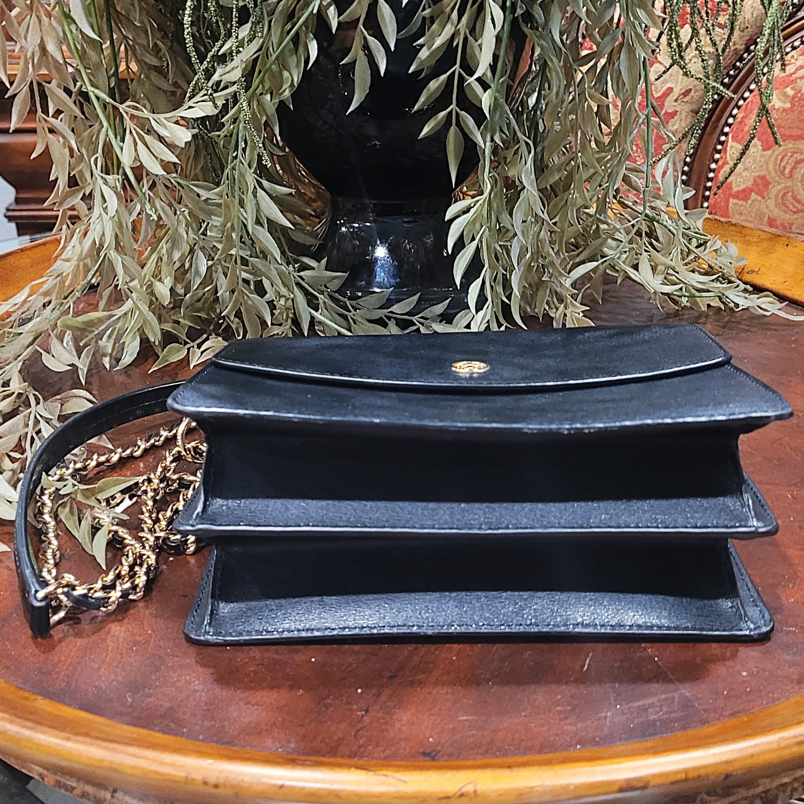 Tory Burch Black Robinson Mini Convertible Shoulder Purse Leather Gold Chain