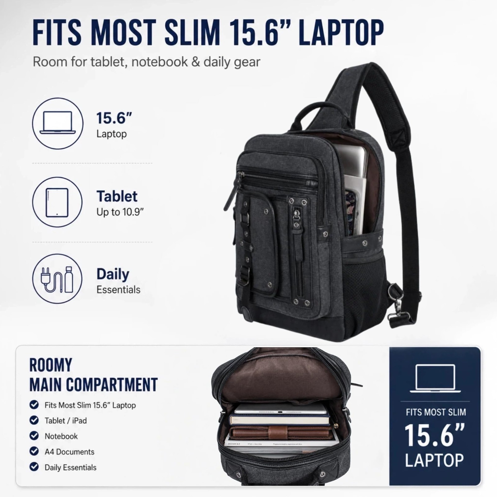 Large Canvas Crossbody Sling Bag for Men – Fits 15.6″ Laptop, Ideal for Work & C