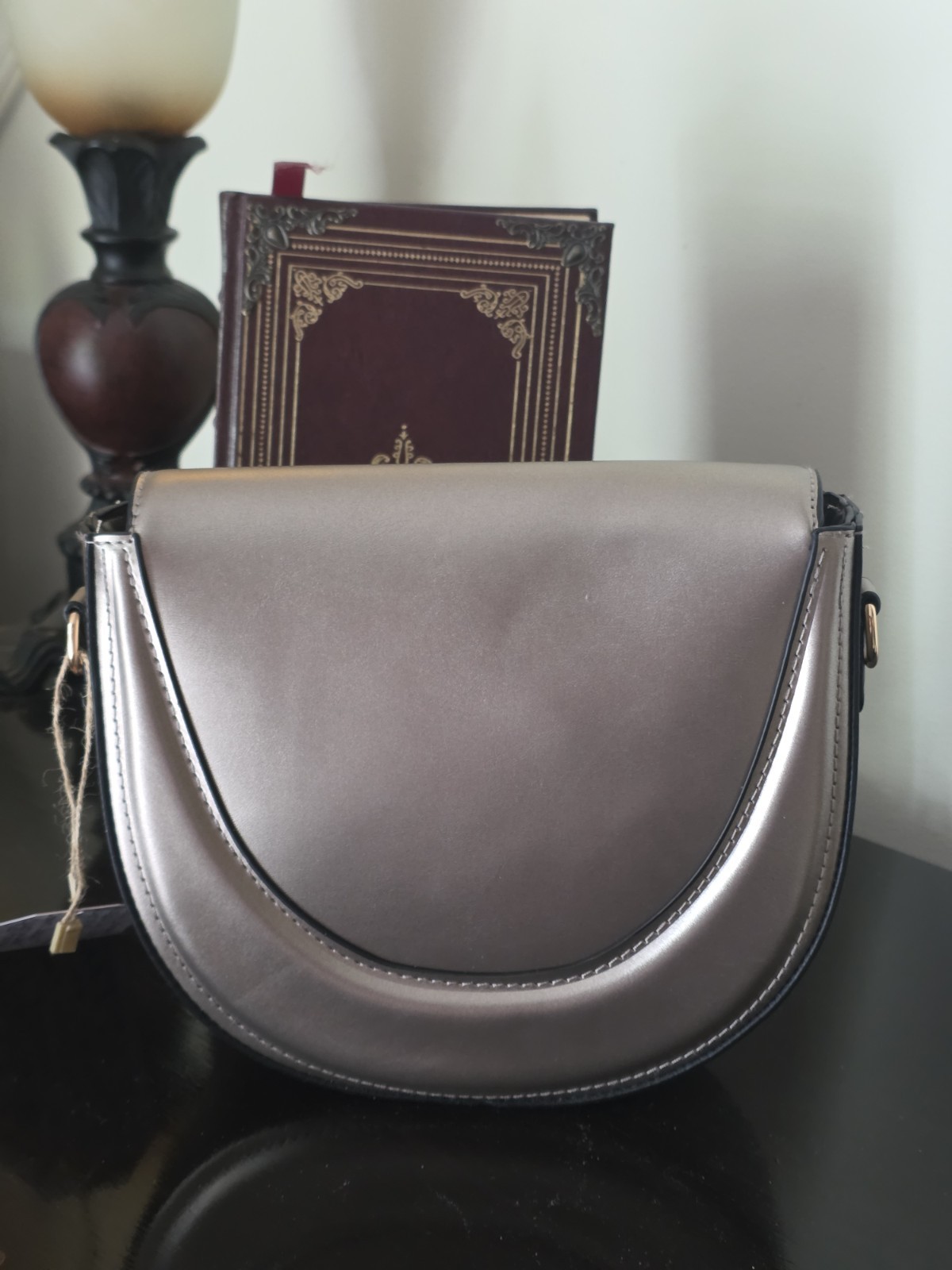 Gold Saddle Bag 2 Diff Straps Charm Crescent Design On Front/Back of Purse NWT