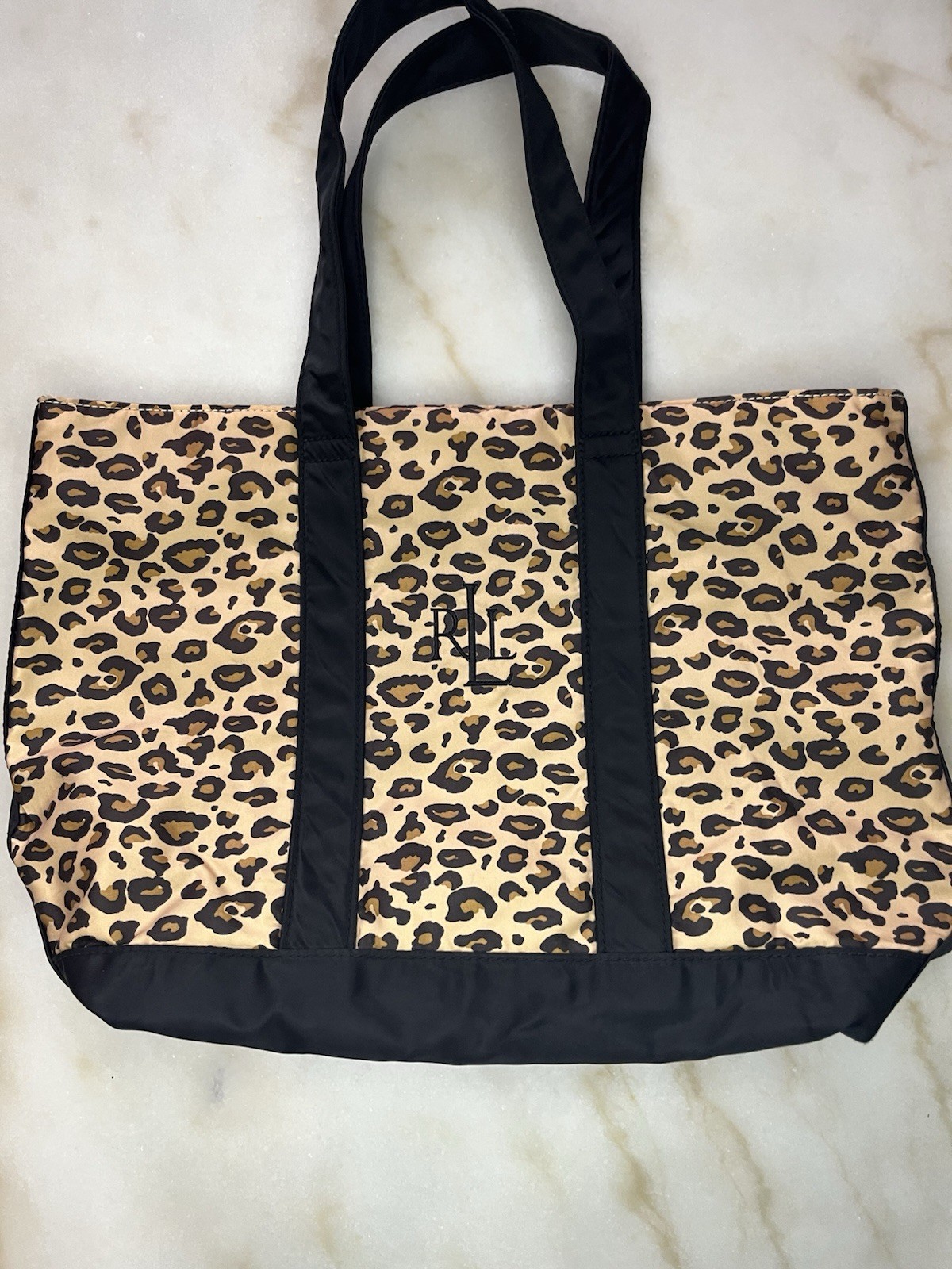 Lauren Ralph Lauren Leopard Print Tote Bag Black Trim & Handles Travel Resort