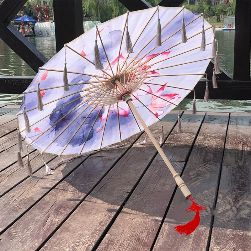 Cloth Parasol Umbrella 82cm Long Handle Silk Tassel Hanfu Cosplay Photo Prop