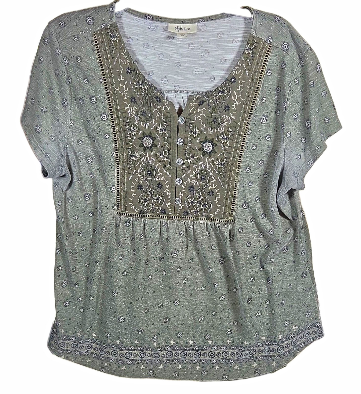 Style & Co Women’s Gray Floral Embroidered V-Neck Cap Sleeve Blouse XL Peasant