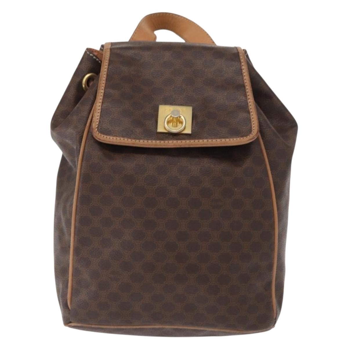 CELINE Macadam Canvas Backpack PVC Leather Brown Gold Auth 164150