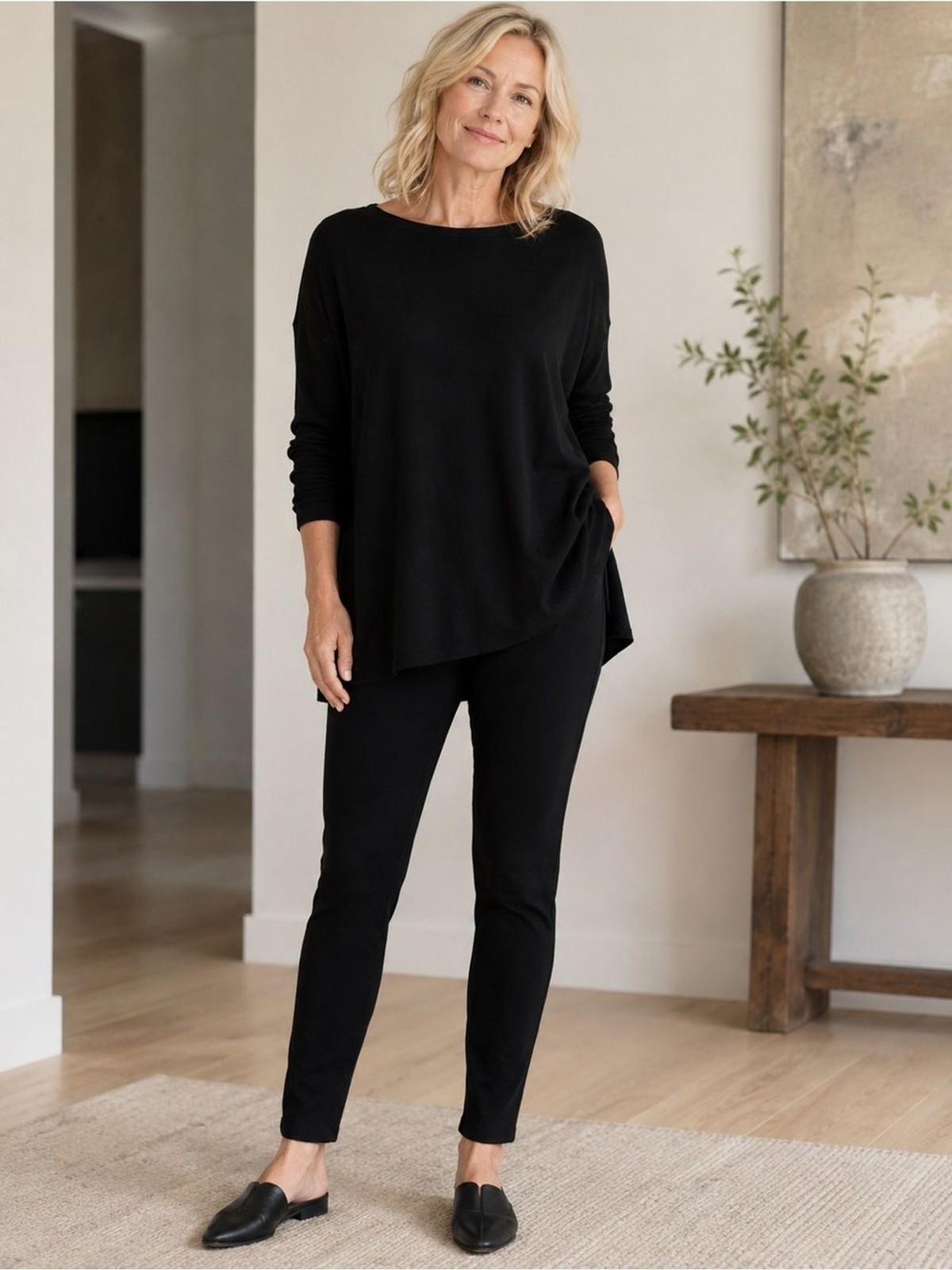 Eileen Fisher Black Stretch Knit Leggings Pants Italian Fabric L