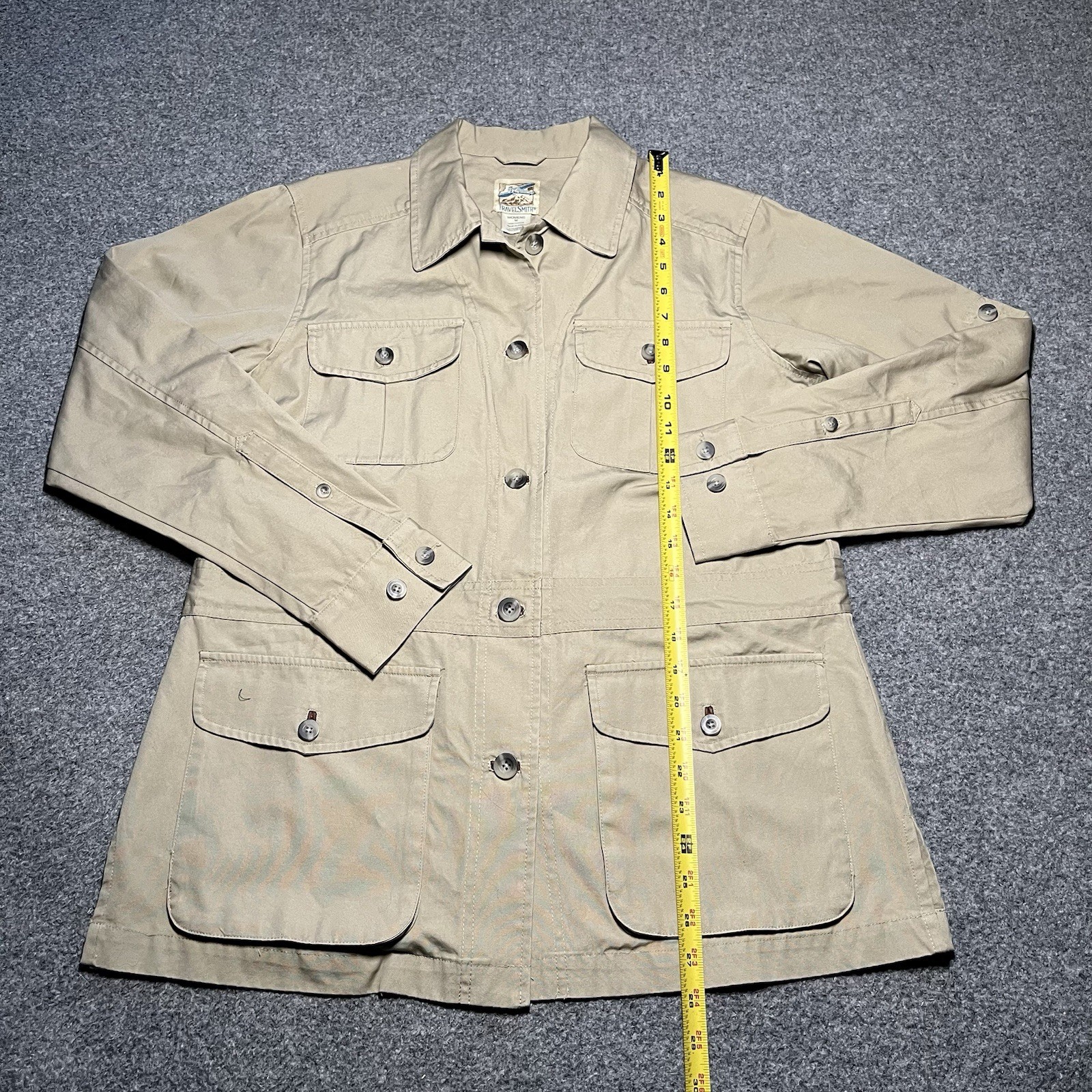 Vintage TravelSmith Jacket Womens Medium Khaki Tan Safari Utility Pockets Cotton