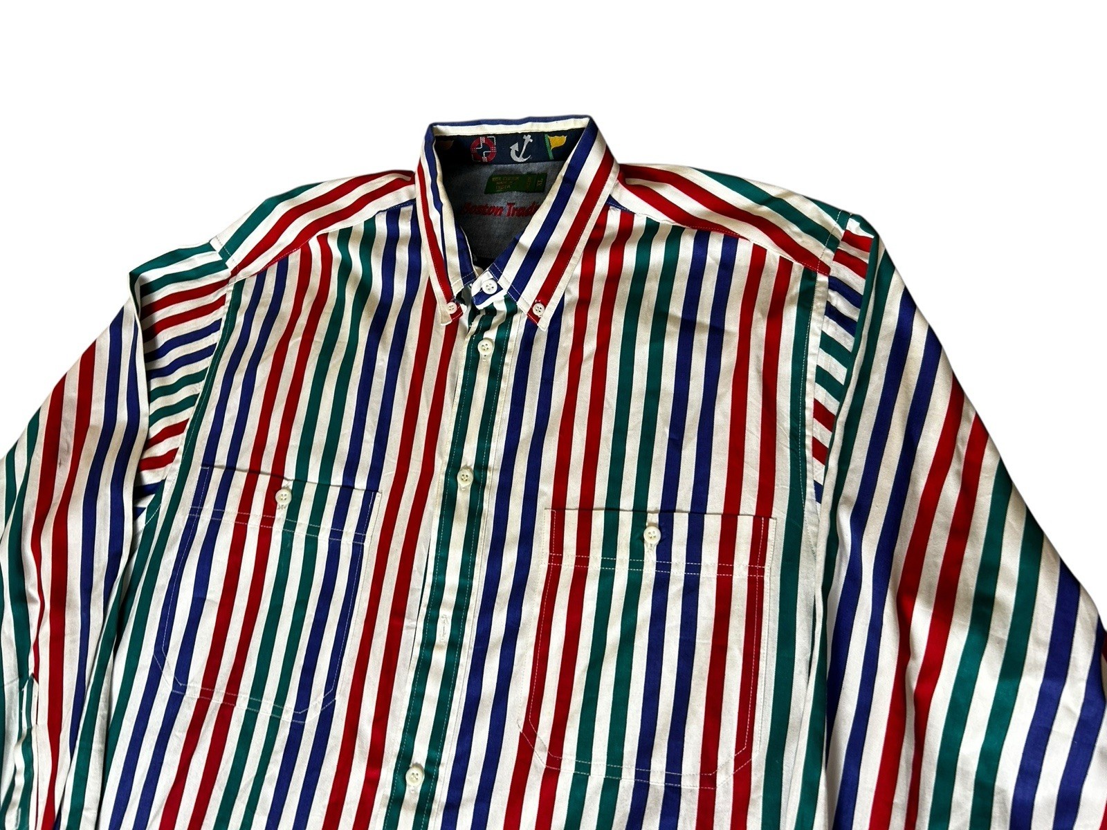 VTG Boston Traders Preppy Button Down Shirt Size XL Striped Colorful Nautical