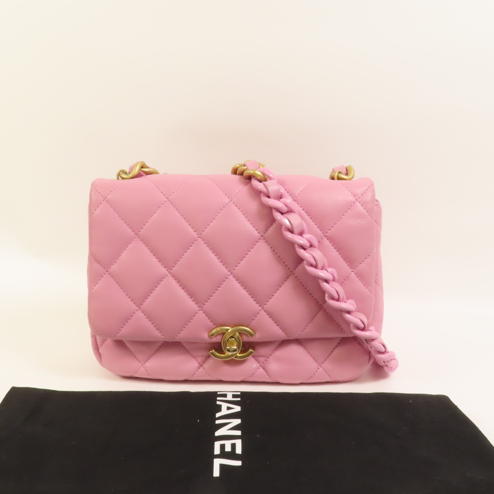 CHANEL CC GHW Chain Shoulder Bag Lambskin Leather Pink