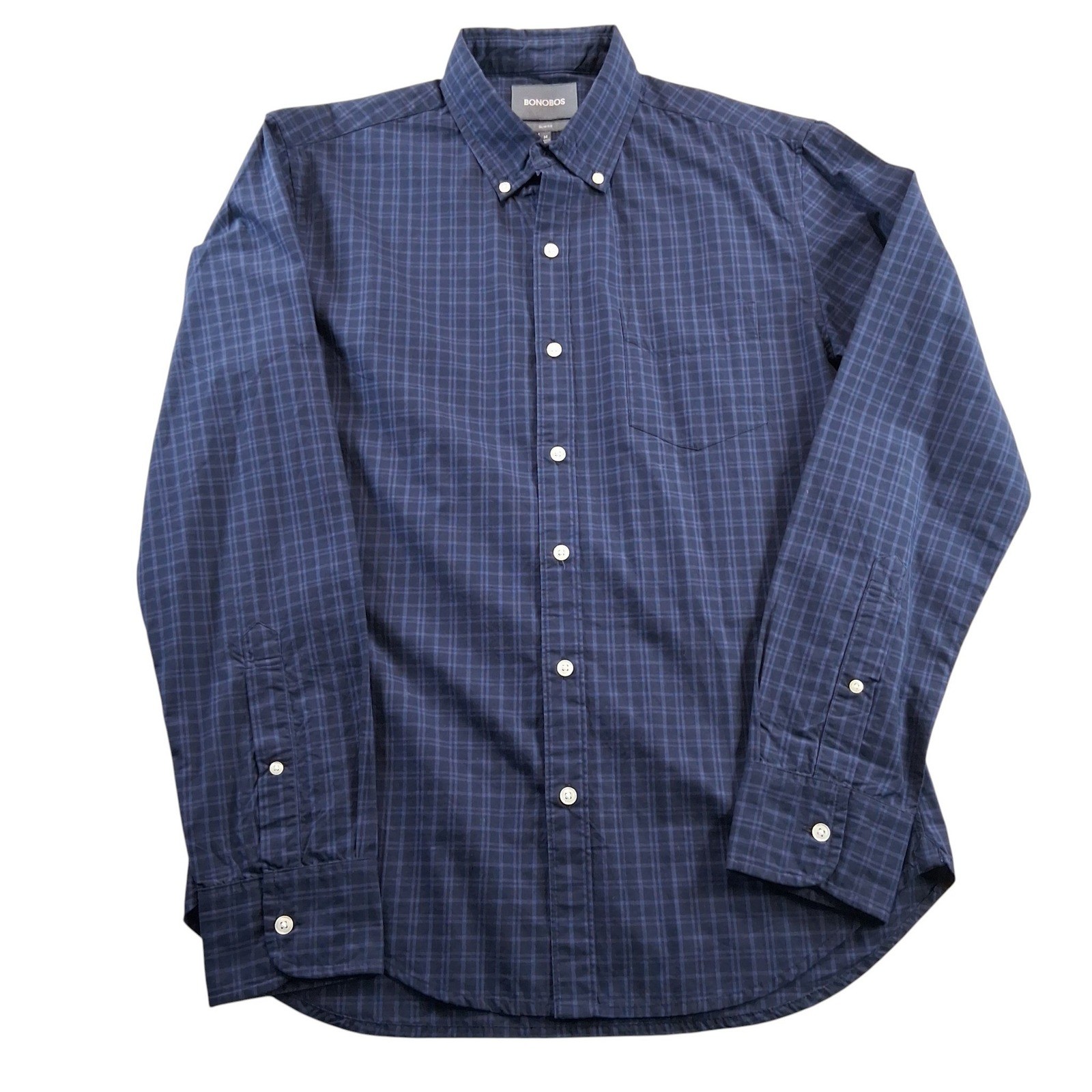 Bonobos Button Down Shirt M Navy Blue Plaid Slim Fit Long Sleeve Lightweight