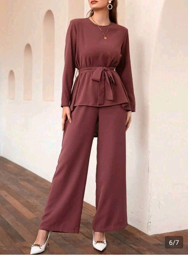 Mulvari High Low Hem Belted Top & Wide Leg Pants 2 Pice