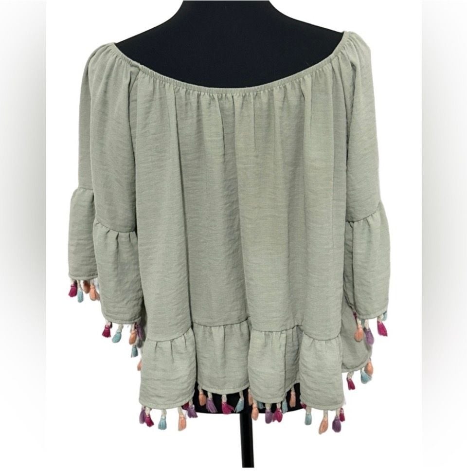 Envy ‘Amazingly Chic’ Sage Green Off-The-Shoulder Tassel Trim Blouse