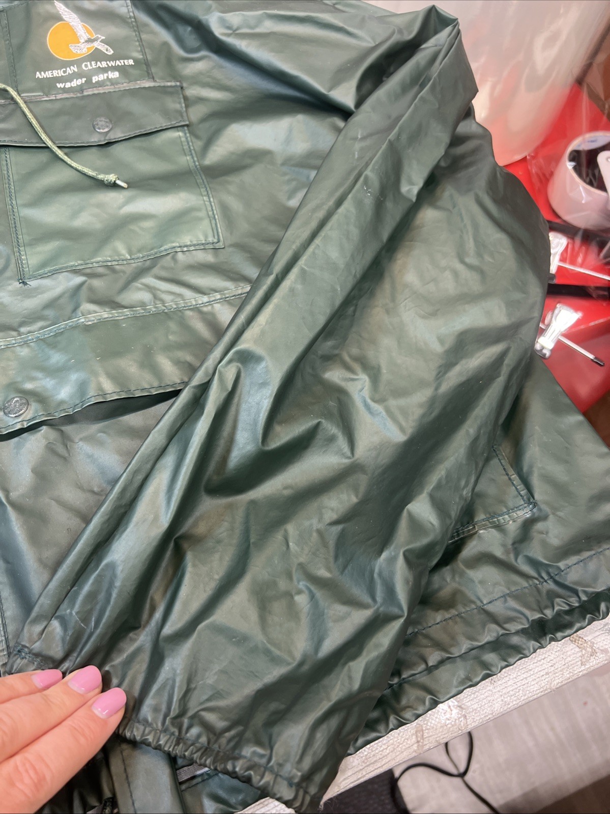 Vintage American Clearwater Waterproof Hooded Olive Rain Coat Jacket L