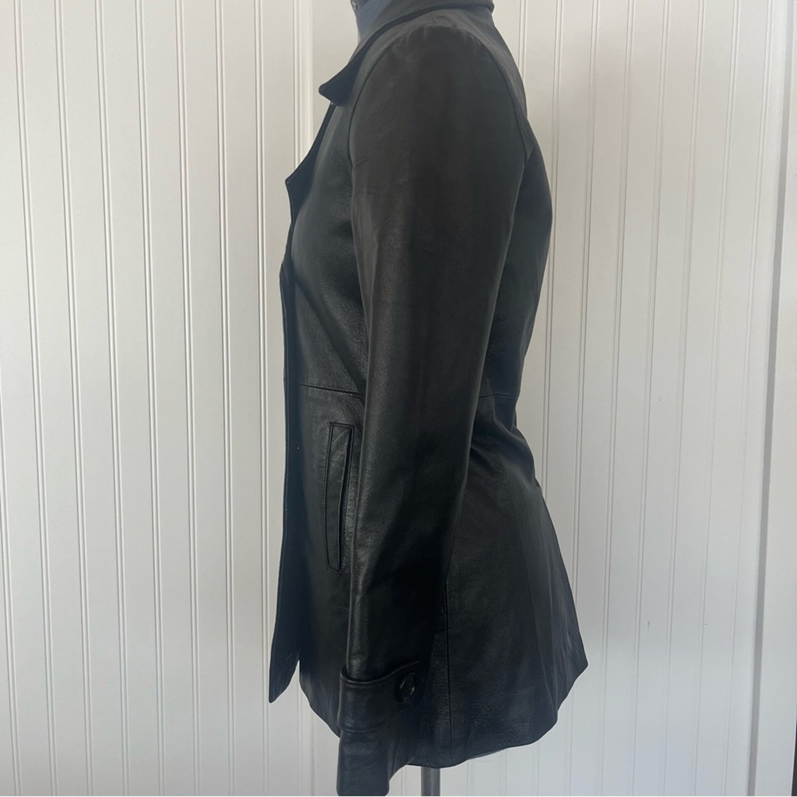 Y2k 90s Black Leather Jacket Trench Coat Double Breasted Shiny Sleek Extra Small