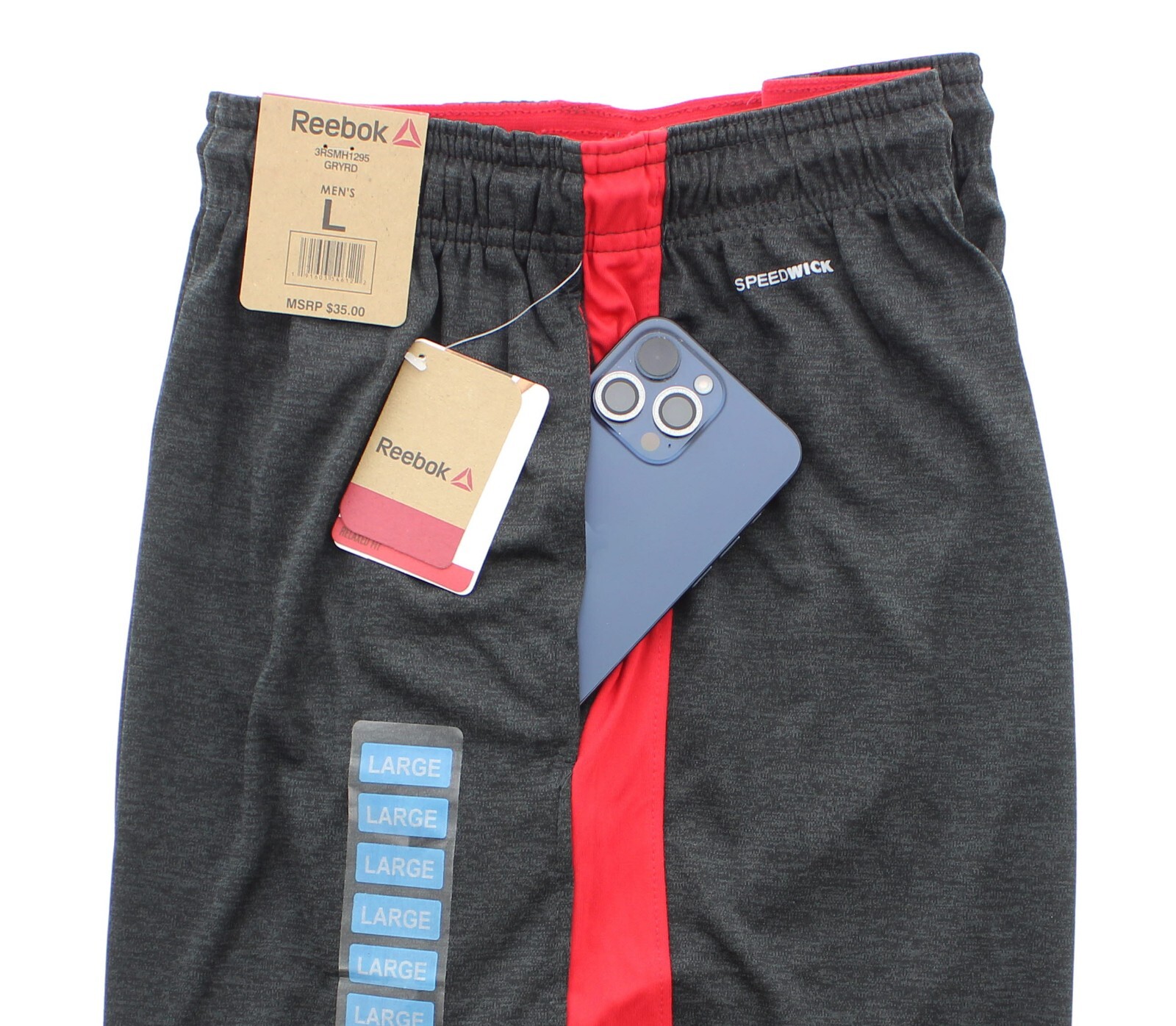 Reebok Men’s Gym Shorts, 9 Inch Inseam, Relaxed Fit, Dark Grey, Red Large