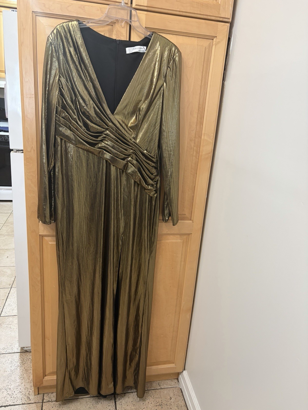 Ieena For Mac Duggal Long Sleeve Maxi Wedding Asymmetrical Ruched Gold Dress 12