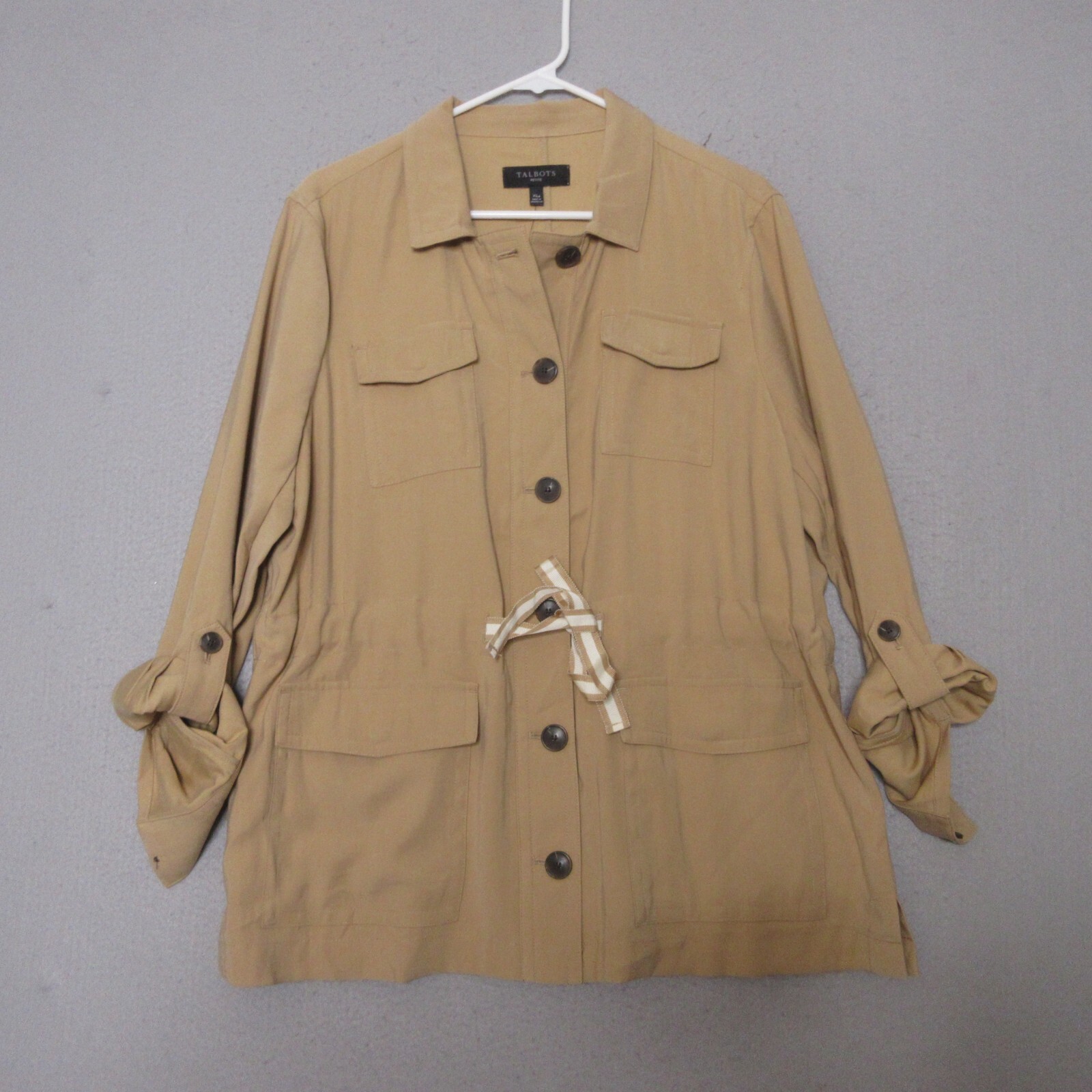Talbots Shirt Jacket Women XLP Petite Tan Safari Lightweight Drawcord Field NWT