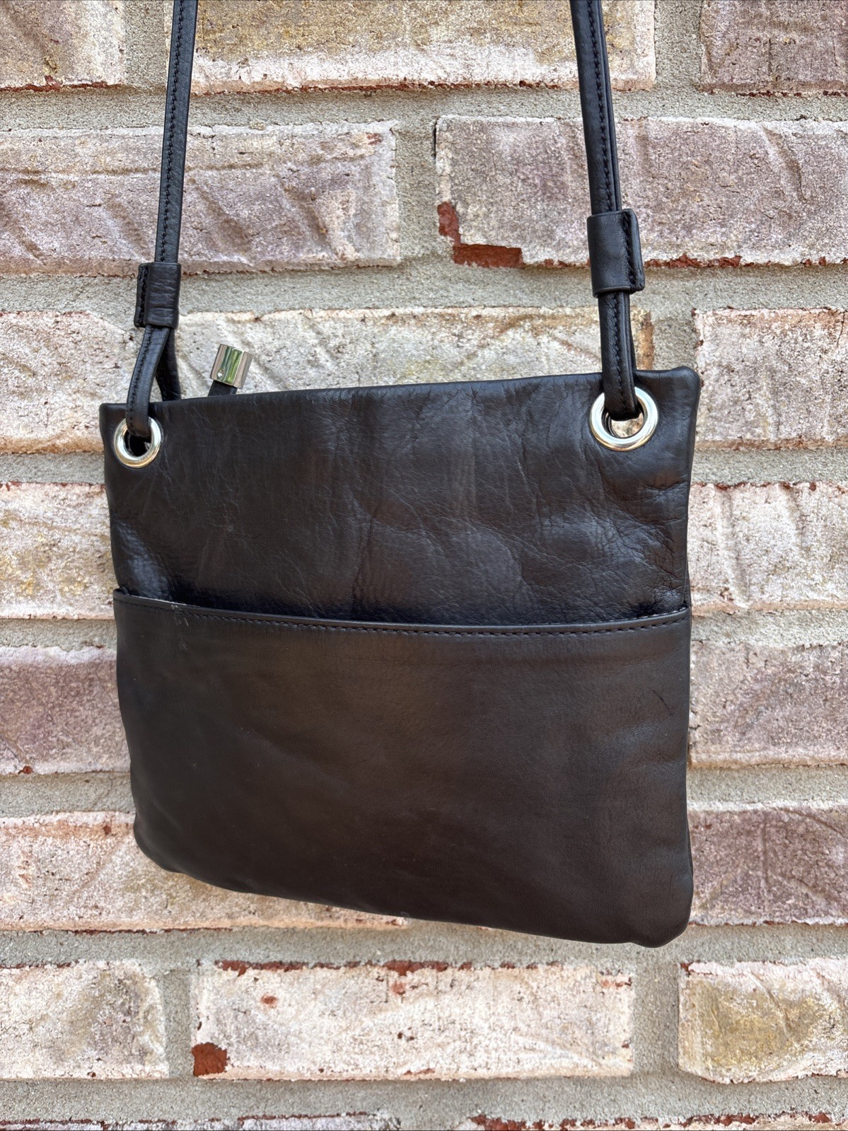 Margot Black Genuine Leather Crossbody Bag Zip Top Front Pocket Lined
