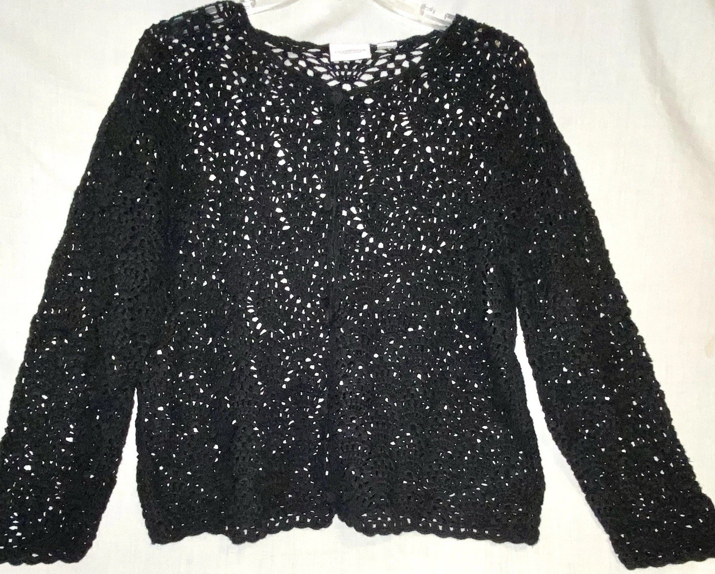 Liz Claiborne Black Cotton Open Weave Crochet Cardigan Sweater Grannycore Sz XL