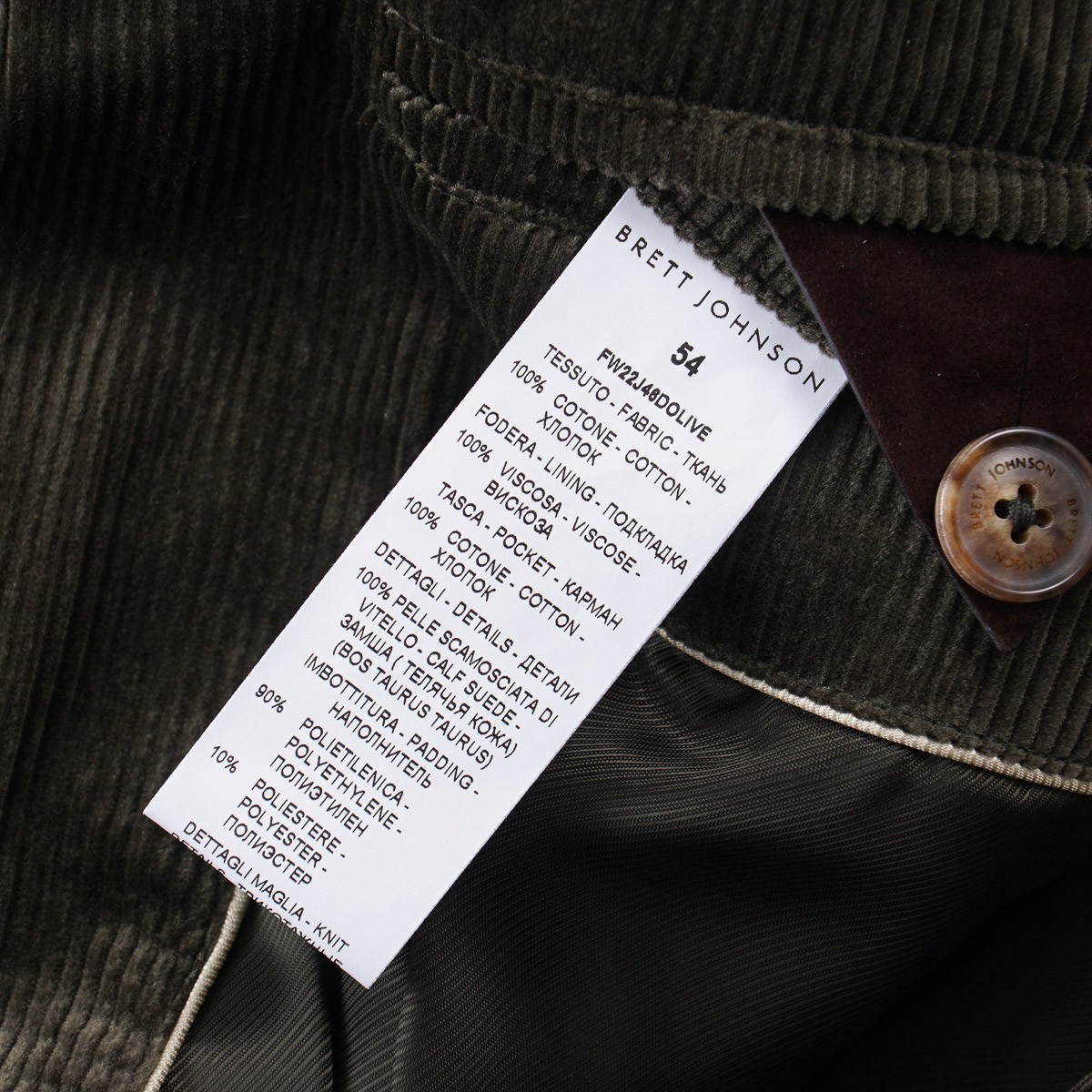 Brett Johnson Olive Green Padded Quilted Corduroy Bomber Jacket XL (Eu 54) NWT